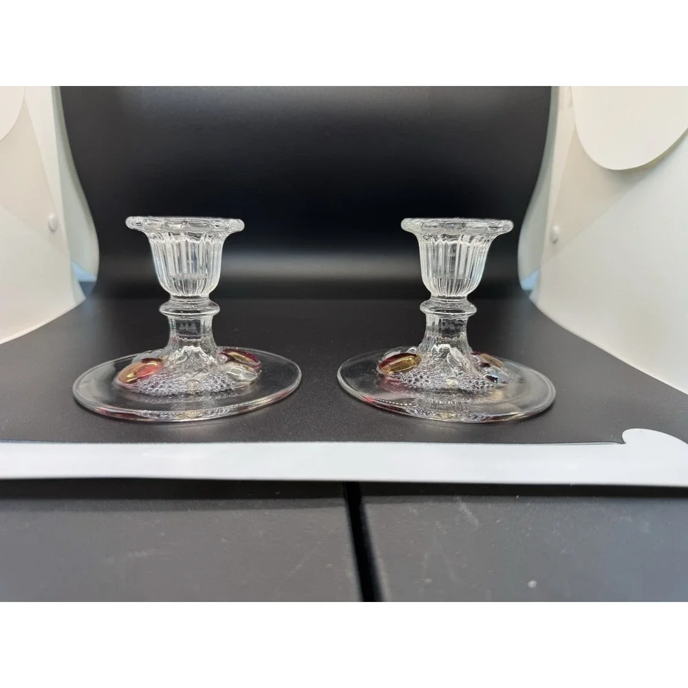 Candle Stick Holder Fruit Westmoreland Della Robbia Ruby Flashed PAIR 3.5 Inches